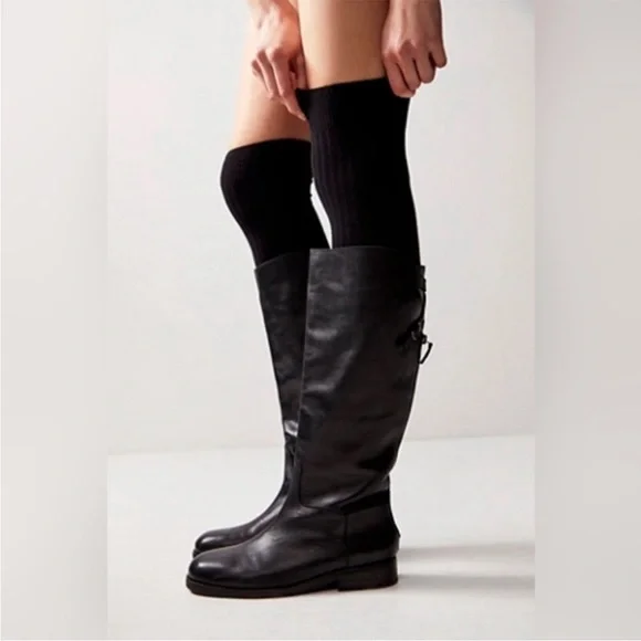 Free People Faded Black Everly Equestrian Boots Leather Zipper Back - Picture 3 of 16